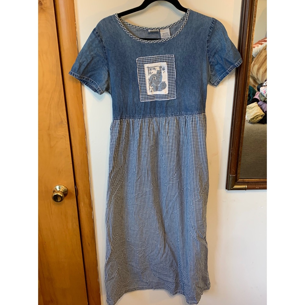 Bobbie Brooks Vintage Denim Gingham Cat Patch Midi Dress Blue Womens Medium 8/10